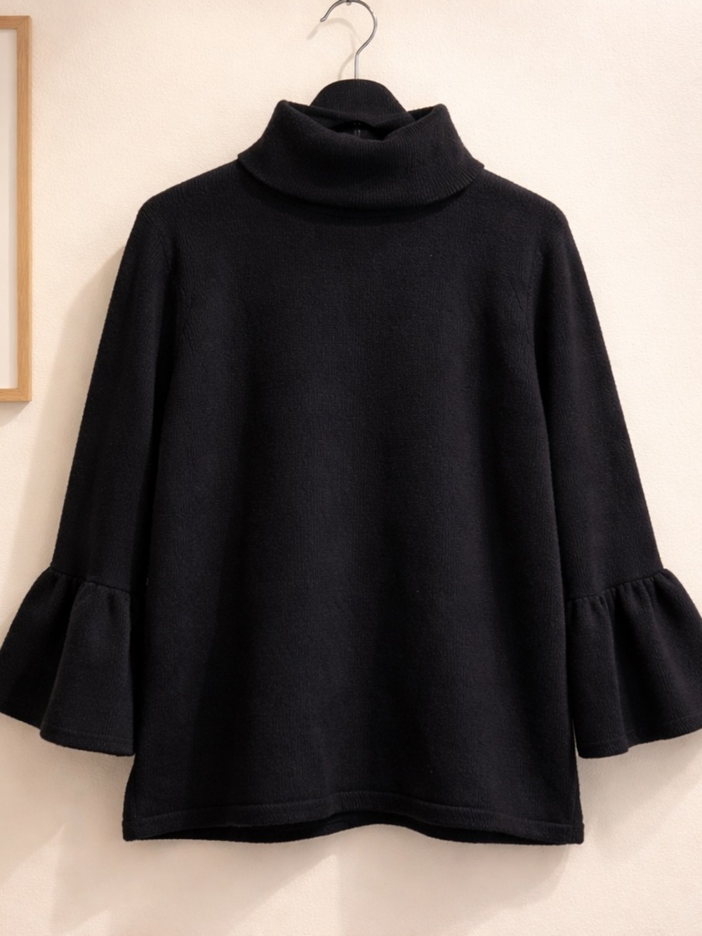 Black Turtleneck Sweater with Ruffled Sleeve Detail